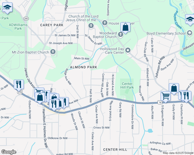 map of restaurants, bars, coffee shops, grocery stores, and more near 2355 Hill Street Northwest in Atlanta