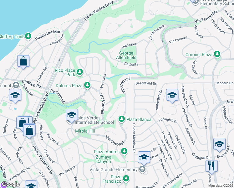 map of restaurants, bars, coffee shops, grocery stores, and more near 1501 Vía Coronel in Palos Verdes Estates