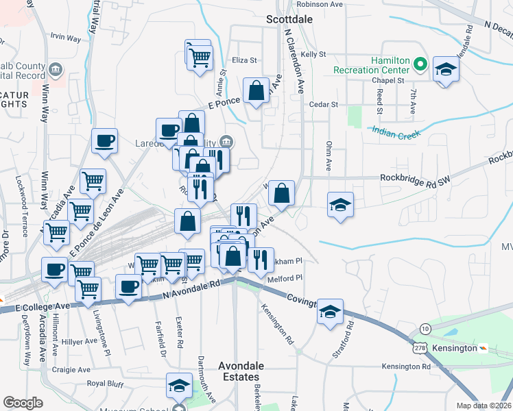 map of restaurants, bars, coffee shops, grocery stores, and more near 3039 Wells Street in Avondale Estates