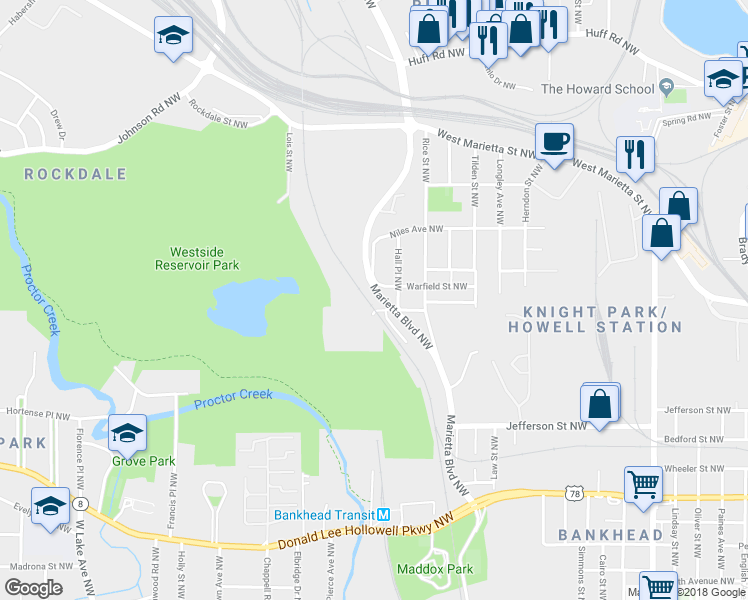 map of restaurants, bars, coffee shops, grocery stores, and more near 918 Marietta Boulevard Northwest in Atlanta
