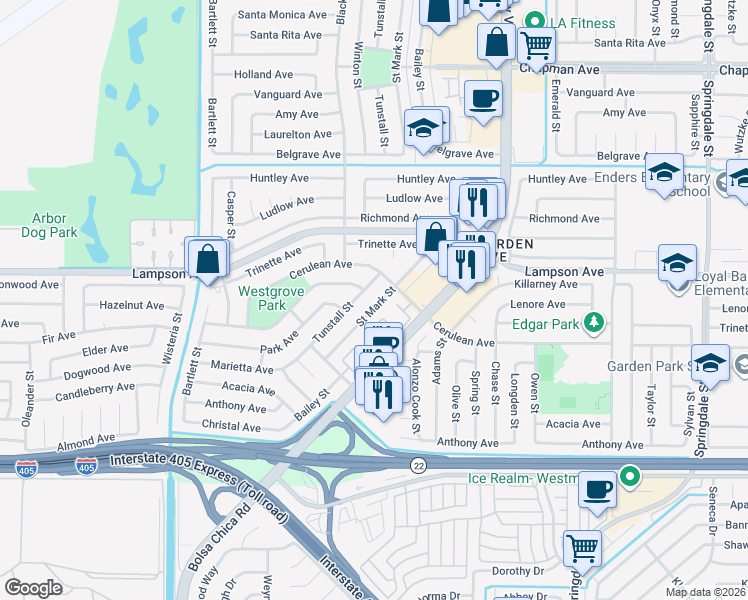 map of restaurants, bars, coffee shops, grocery stores, and more near 12572 Saint Mark Street in Garden Grove