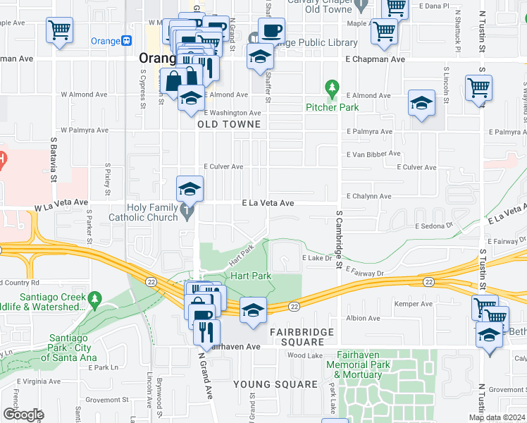 map of restaurants, bars, coffee shops, grocery stores, and more near 522 South Shaffer Street in Orange