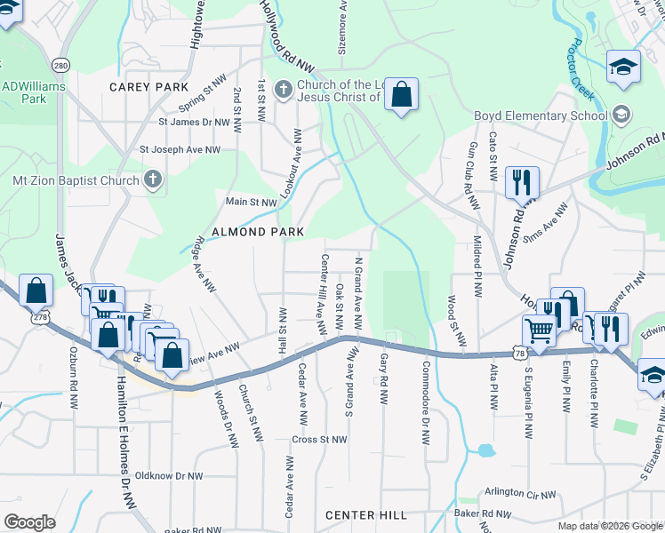 map of restaurants, bars, coffee shops, grocery stores, and more near 2309 Hill Street Northwest in Atlanta