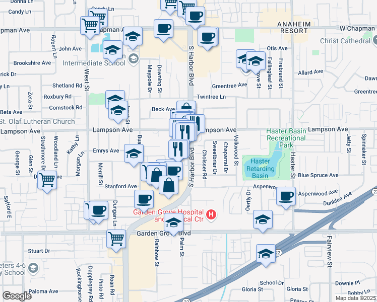 map of restaurants, bars, coffee shops, grocery stores, and more near 12625 South Harbor Boulevard in Garden Grove