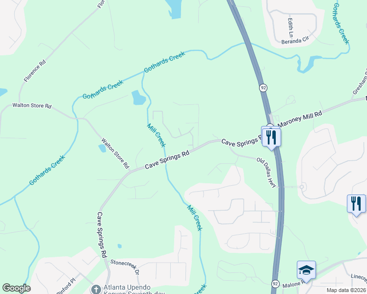 map of restaurants, bars, coffee shops, grocery stores, and more near 6988 Borowood Lane in Douglasville