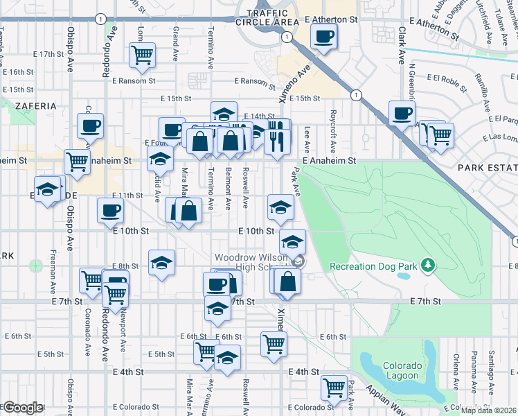 map of restaurants, bars, coffee shops, grocery stores, and more near 1065 Bennett Avenue in Long Beach