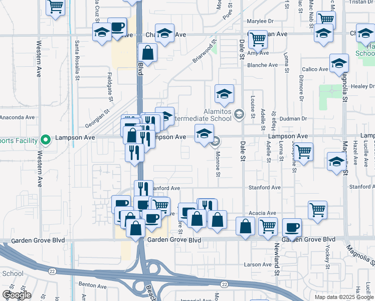 map of restaurants, bars, coffee shops, grocery stores, and more near 8005 Chalet Lane in Garden Grove
