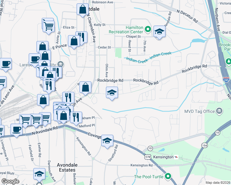 map of restaurants, bars, coffee shops, grocery stores, and more near 3152 Old Rockbridge Road in Avondale Estates