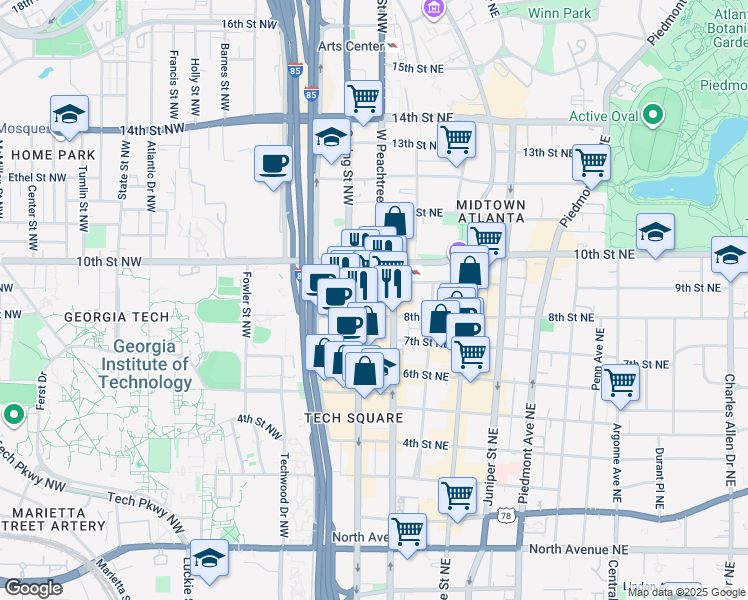 map of restaurants, bars, coffee shops, grocery stores, and more near 950 West Peachtree Street Northwest in Atlanta