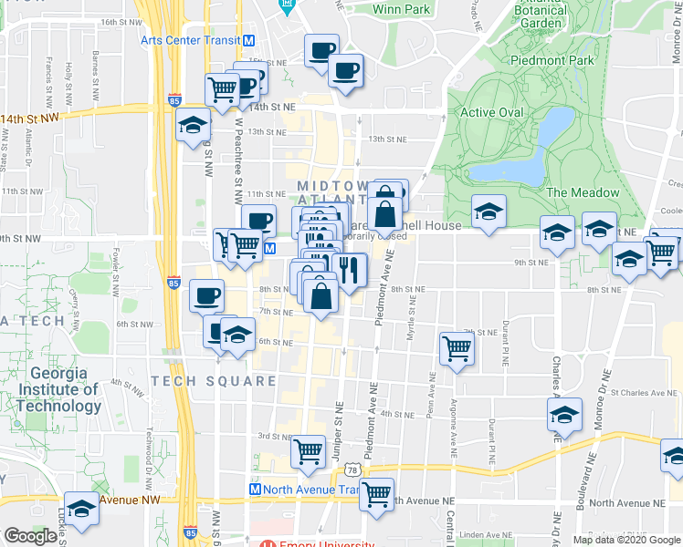 map of restaurants, bars, coffee shops, grocery stores, and more near Juniper St in Atlanta