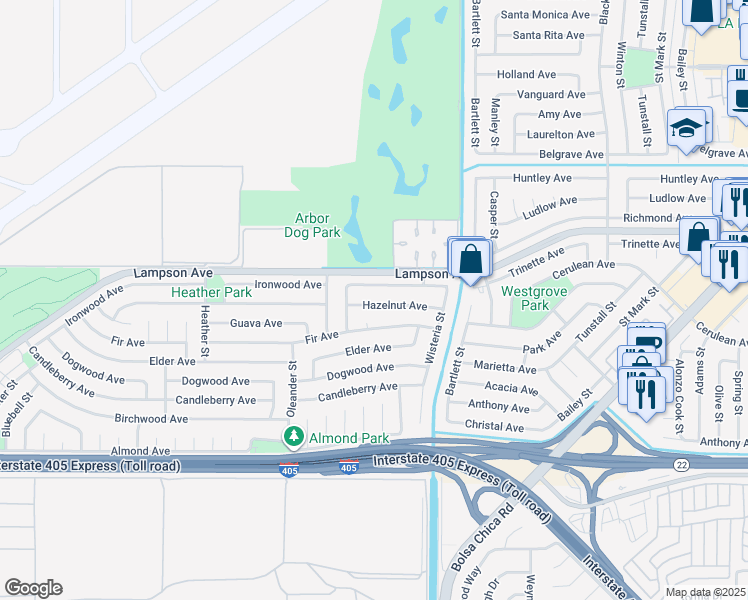 map of restaurants, bars, coffee shops, grocery stores, and more near 4801 Hazelnut Avenue in Seal Beach