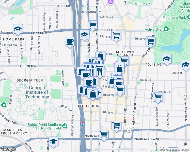map of restaurants, bars, coffee shops, grocery stores, and more near 950 West Peachtree Street Northwest in Atlanta