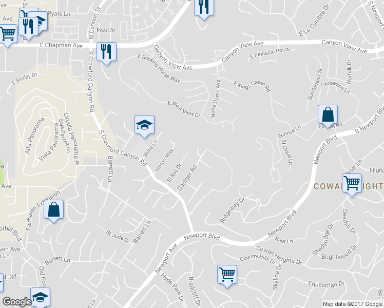 map of restaurants, bars, coffee shops, grocery stores, and more near 12522 El Roy Drive in Santa Ana