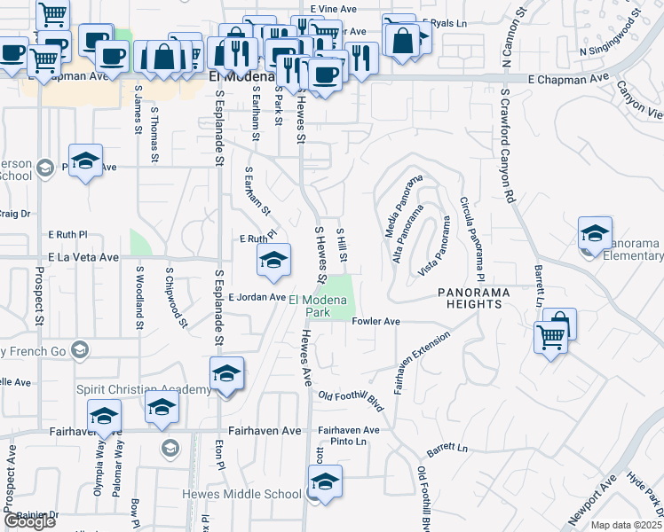 map of restaurants, bars, coffee shops, grocery stores, and more near 524 South Hill Street in Orange