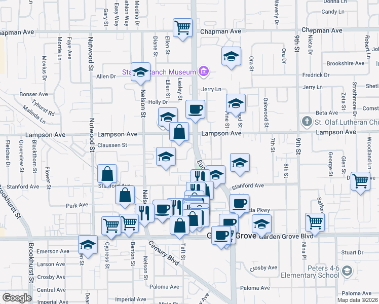 map of restaurants, bars, coffee shops, grocery stores, and more near 12555 South Euclid Street in Garden Grove