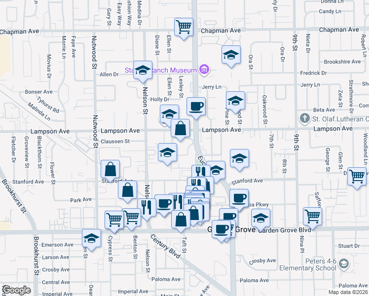 map of restaurants, bars, coffee shops, grocery stores, and more near 12555 Euclid Street in Garden Grove