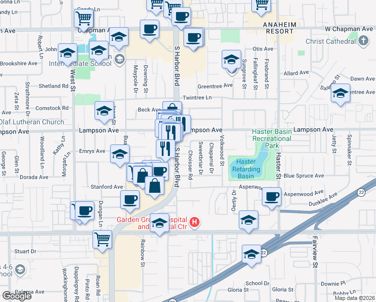 map of restaurants, bars, coffee shops, grocery stores, and more near 12541 Twinleaf Lane in Garden Grove