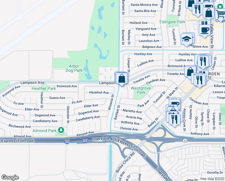 map of restaurants, bars, coffee shops, grocery stores, and more near 3901 Wisteria Street in Seal Beach