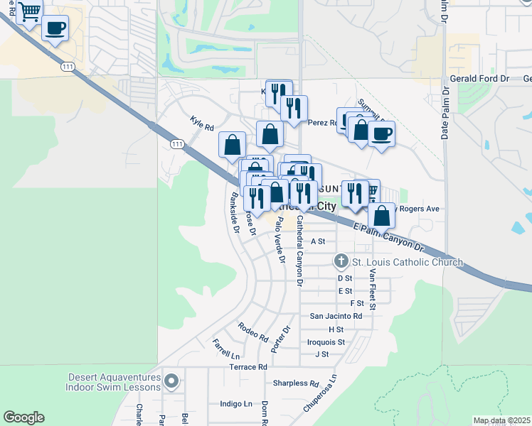 map of restaurants, bars, coffee shops, grocery stores, and more near 68401 California 111 in Cathedral City