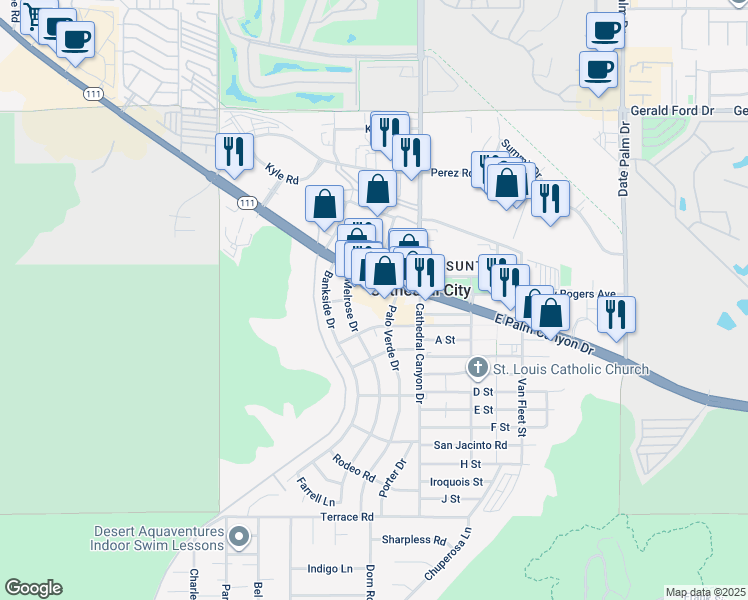 map of restaurants, bars, coffee shops, grocery stores, and more near 68401 California 111 in Cathedral City