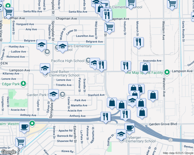 map of restaurants, bars, coffee shops, grocery stores, and more near 6925 Brightwood Lane in Garden Grove