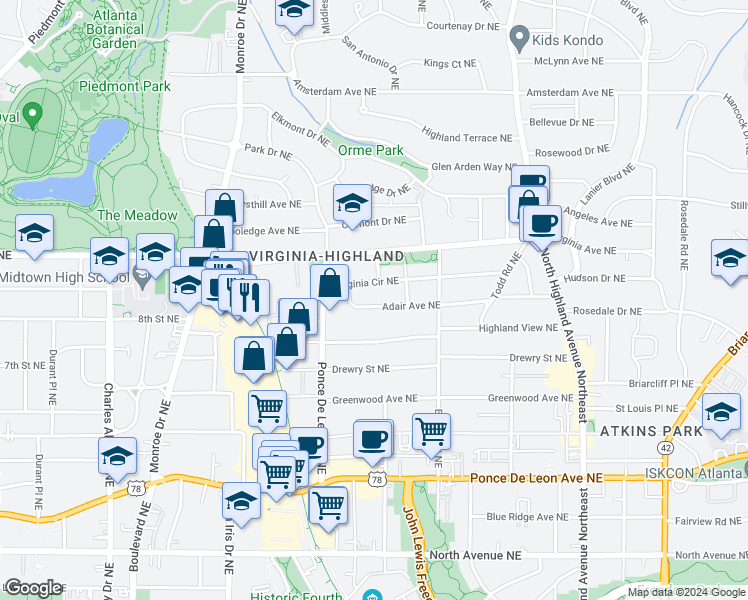 map of restaurants, bars, coffee shops, grocery stores, and more near 788 Adair Avenue Northeast in Atlanta