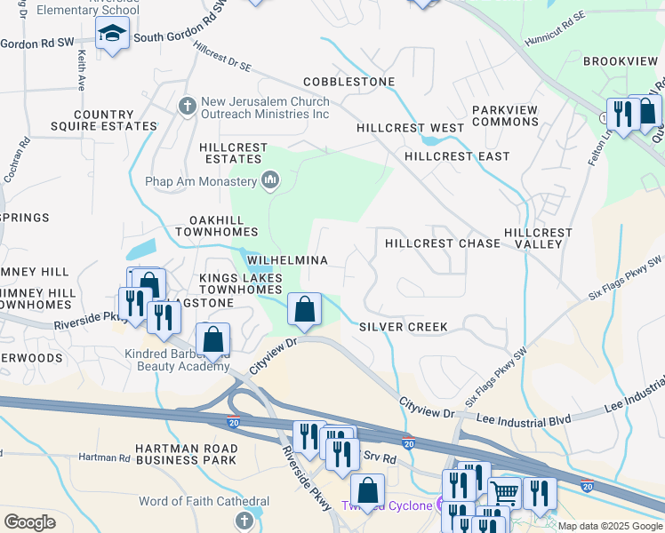 map of restaurants, bars, coffee shops, grocery stores, and more near Silver Bend Trace Southeast in Austell