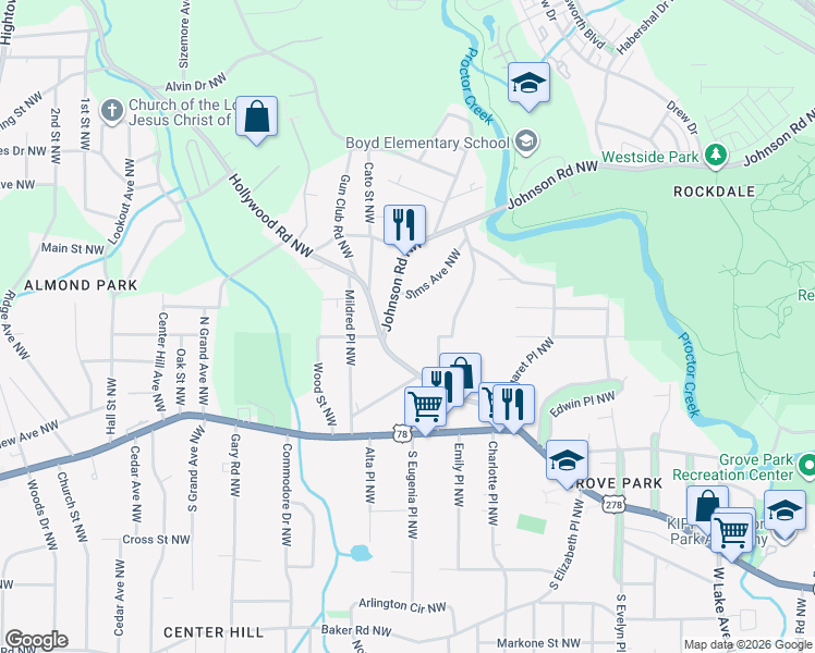 map of restaurants, bars, coffee shops, grocery stores, and more near 909 Hollywood Road in Atlanta