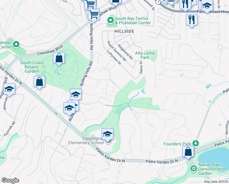 map of restaurants, bars, coffee shops, grocery stores, and more near 47 Empty Saddle Road in Rolling Hills Estates
