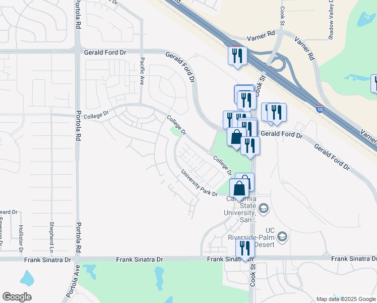 map of restaurants, bars, coffee shops, grocery stores, and more near College Drive in Palm Desert