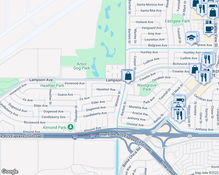 map of restaurants, bars, coffee shops, grocery stores, and more near 4865 Hazelnut Avenue in Seal Beach