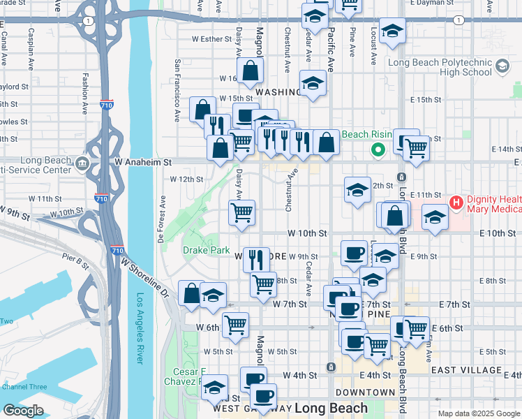 map of restaurants, bars, coffee shops, grocery stores, and more near Magnolia Ave & W 11th St in Long Beach