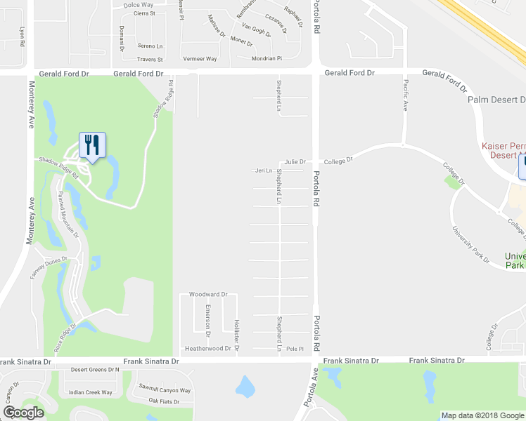 map of restaurants, bars, coffee shops, grocery stores, and more near 74115 Portola Pointe Lane in Palm Desert