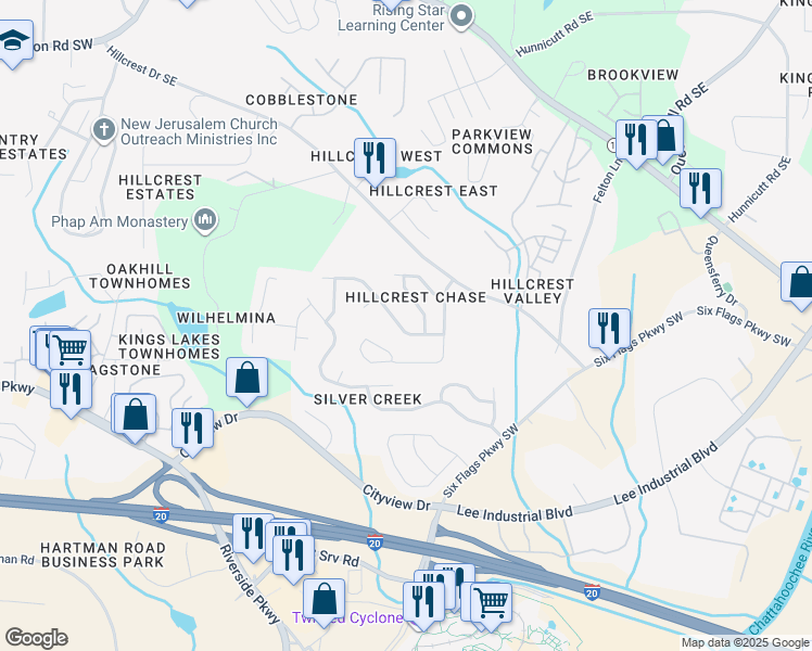 map of restaurants, bars, coffee shops, grocery stores, and more near 340 Alderman Trace Southwest in Austell