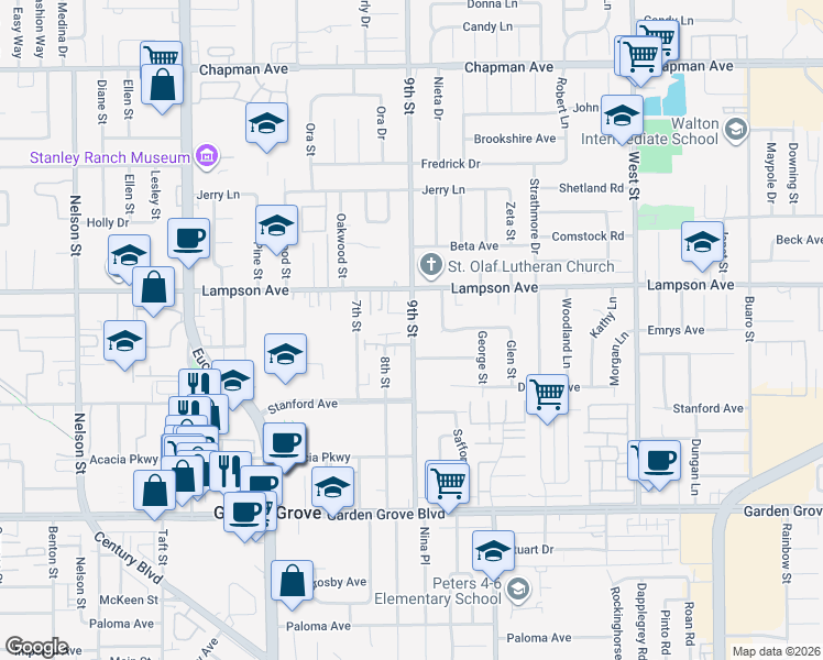 map of restaurants, bars, coffee shops, grocery stores, and more near 12573 9th Street in Garden Grove