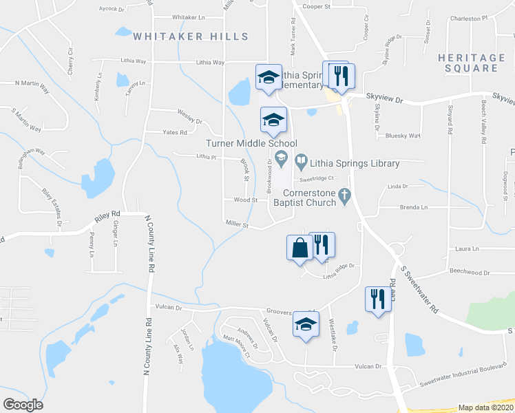 map of restaurants, bars, coffee shops, grocery stores, and more near 3680 Wood Street in Lithia Springs