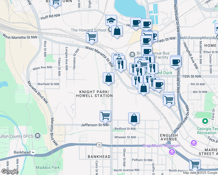 map of restaurants, bars, coffee shops, grocery stores, and more near 916 Joseph E. Lowery Boulevard Northwest in Atlanta