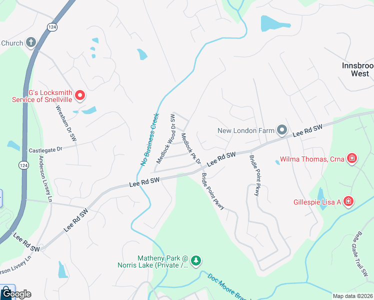 map of restaurants, bars, coffee shops, grocery stores, and more near 4200 Medlock Park Drive Southwest in Snellville