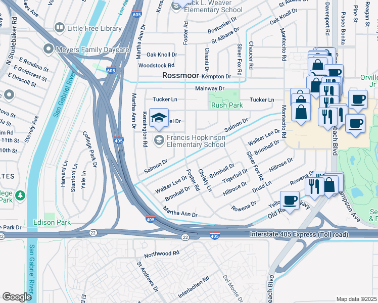 map of restaurants, bars, coffee shops, grocery stores, and more near 12582 Foster Road in Los Alamitos