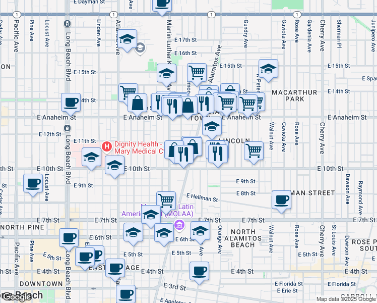 map of restaurants, bars, coffee shops, grocery stores, and more near 1071 Alamitos Avenue in Long Beach