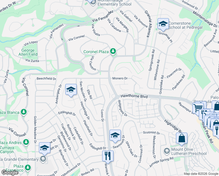 map of restaurants, bars, coffee shops, grocery stores, and more near 28054 Santona Drive in Rancho Palos Verdes