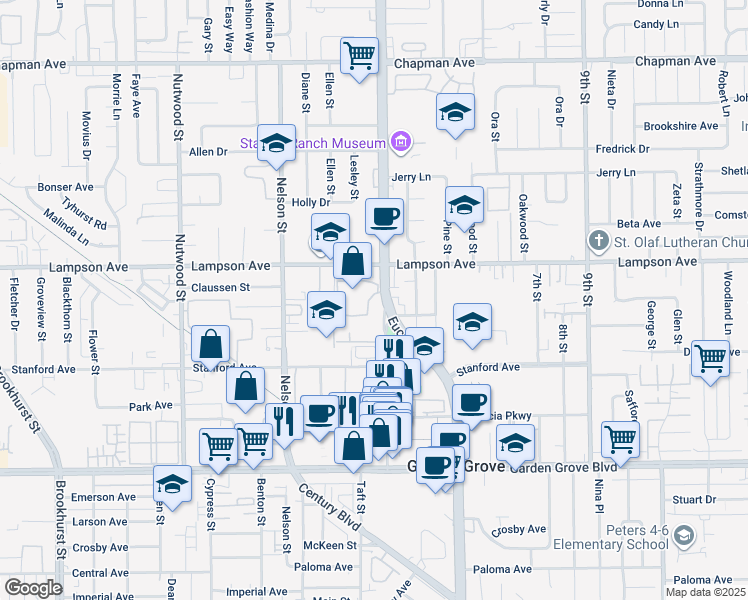 map of restaurants, bars, coffee shops, grocery stores, and more near 12555 Euclid Street in Garden Grove