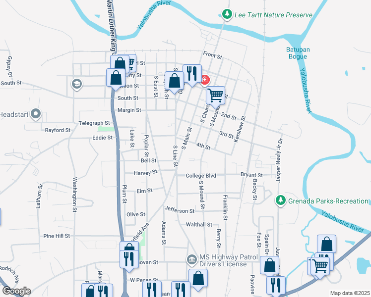 map of restaurants, bars, coffee shops, grocery stores, and more near 436 South Main Street in Grenada