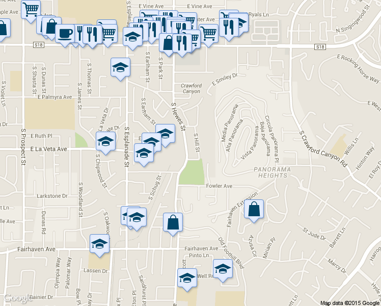 map of restaurants, bars, coffee shops, grocery stores, and more near 524 South Hill Street in Orange