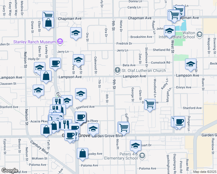 map of restaurants, bars, coffee shops, grocery stores, and more near 12573 9th Street in Garden Grove