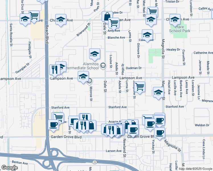 map of restaurants, bars, coffee shops, grocery stores, and more near 12581 Dale Street in Garden Grove