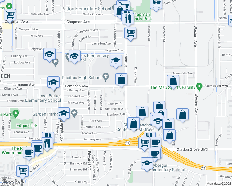 map of restaurants, bars, coffee shops, grocery stores, and more near 12572 Fieldstone Lane in Garden Grove