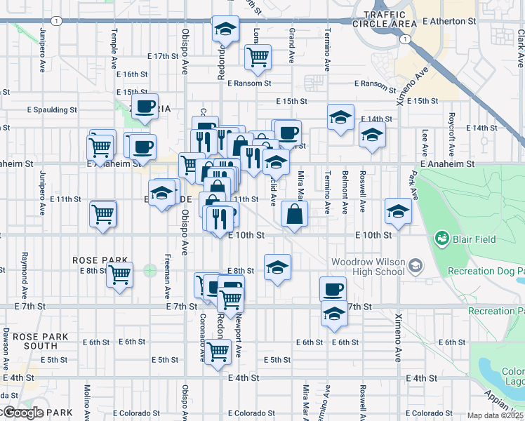 map of restaurants, bars, coffee shops, grocery stores, and more near in Long Beach