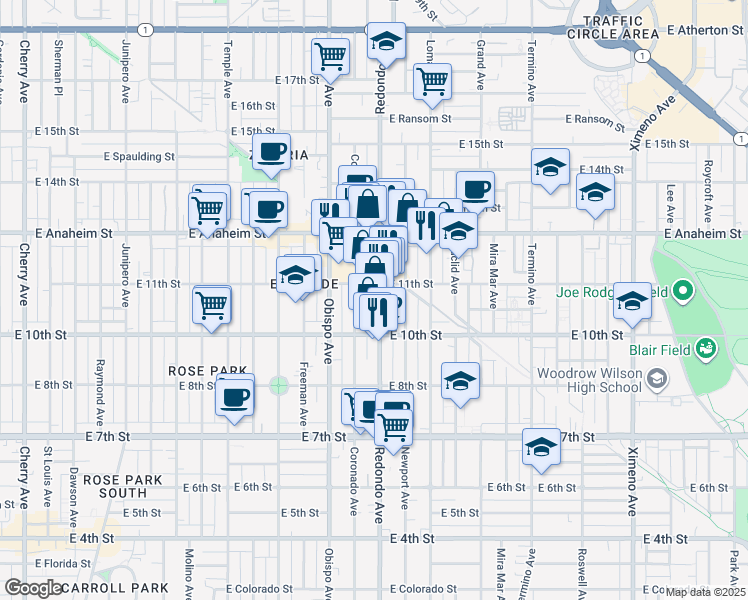 map of restaurants, bars, coffee shops, grocery stores, and more near 1054 Redondo Avenue in Long Beach