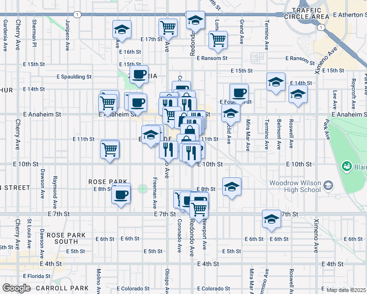 map of restaurants, bars, coffee shops, grocery stores, and more near 1048 Coronado Avenue in Long Beach